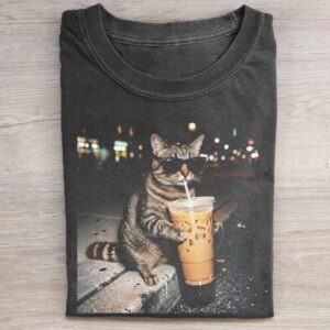 Cat Drinking Iced Coffee Shirt | Funny Animal Meme Tee | Coffee Lover Cat Shirt | Unisex Graphic T Shirt