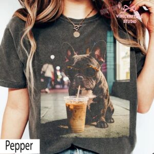 French Bulldog Iced Coffee Shirt, Funny Dog Coffee Lover Tee, Frenchie Graphic Shirt, Trendy Aesthetic Dog Tee