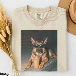 German Shepherd Dog Drinking Iced Coffee Shirt, Funny Dog Meme Tee, Iced Coffee Lover Gift, Trendy Pet Owner Shirt, Dog Mom