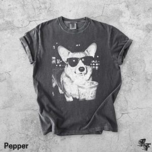 Corgi With Sunglasses Drinking Iced Coffee T-Shirt, 90s Cafe Graphic Tee, Cute Funny Dog Lover Portrait Shirt