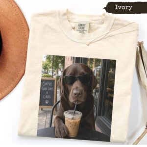 Cute Chocolate Lab Drinking Coffee Shirt, Funny Dog Owner Tee, Dog Shirt, Gift for Mom Dad, Cafe Vibe, Pet lover, Retriever Tee