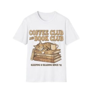 Coffee Club and Book Club T-Shirt, Retro Bookworm Shirt, Cozy Cat Lover Tee, Reader Gift, Aesthetic Shirt