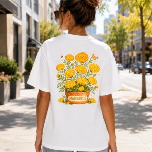 Marigold Shirt Back Print Floral Tee Botanical T-Shirt Flower Lover Shirt | Cottagecore Graphic Tee Floral Shirt