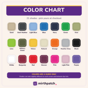 Color chart showing the 21 available shirt colors