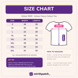 Size chart in inches for the Gildan 5000 unisex heavy cotton tee, sizes S to 5XL